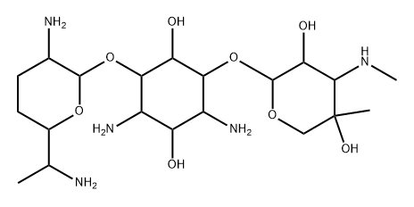 D-Streptamine, O-3-deoxy-4-C-methyl-3-(methylamino)-β-L-arabinopyranosyl-(1→6)-O-[2,6-diamino-2,3,4,6,7-pentadeoxy-α-D-ribo-heptopyranosyl-(1→4)]- (9CI) Structure