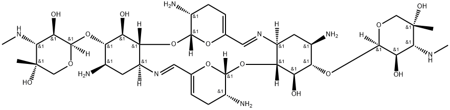 β-L-Arabinopyranoside, (2R,3S,4R,4aR,6S,7R,11E,12aS,14R,15S,16R,16aR,18S,19R,23E,24aS)-2,7,14,19-tetraamino-2,3,4,4a,7,8,12a,13,14,15,16,16a,18,19,20,24a-hexadecahydro-4,16-dihydroxy-6,10:18,22-diepoxy-1H,6H-dibenzo[b,l][1,11,4,14]dioxadiazacycloeicosine-3,15-diyl bis[3-deoxy-4-C-methyl-3-(methylamino)- Structure