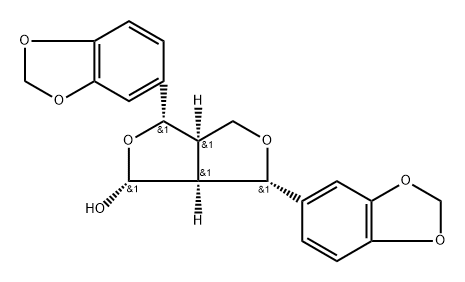 rel-3aα*,4,6,6aα*-テトラヒドロ-4,6-ビス(1,3-ベンゾジオキソール-5-イル)-1H,3H-フロ[3,4-c]フラン-1α*-オール 化学構造式