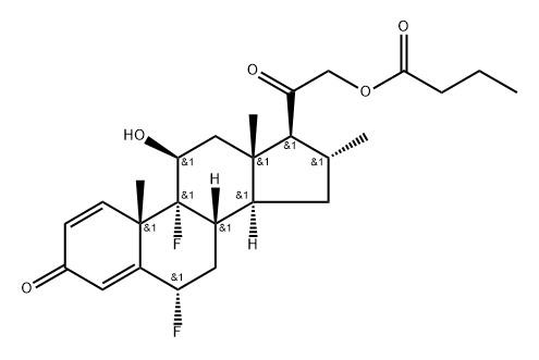Pregna-1,4-diene-3,20-dione, 6,9-difluoro-11-hydroxy-16-methyl-21-(1-oxobutoxy)-, (6α,11β,16α)- Struktur