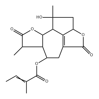 (E)-2-メチル-2-ブテン酸[(1R)-2,2aα,4,5,6,6aα,7,8,9aβ,9bα-デカヒドロ-1α-ヒドロキシ-1,7β-ジメチル-4,8-ジオキソ-1H-アズレノ[1,8-bc:4,5-b']ジフラン-6β-イル] 化学構造式