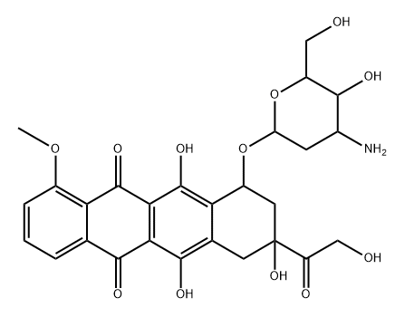 5,12-Naphthacenedione, 10-((3-amino-2,3-dideoxy-alpha-L-ribo-hexopyran osyl)oxy)-7,8,9,10-tetrahydro-6,8,11-trihydroxy-8-(hydroxyacetyl)-1-me thoxy-, (8S-cis)- Struktur