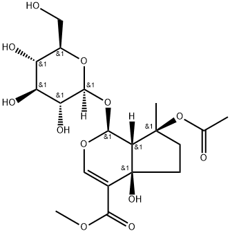 (1S)-7α-アセトキシ-1α-(β-D-グルコピラノシルオキシ)-1,4a,5,6,7,7aα-ヘキサヒドロ-4aα-ヒドロキシ-7-メチルシクロペンタ[c]ピラン-4-カルボン酸メチル 化学構造式