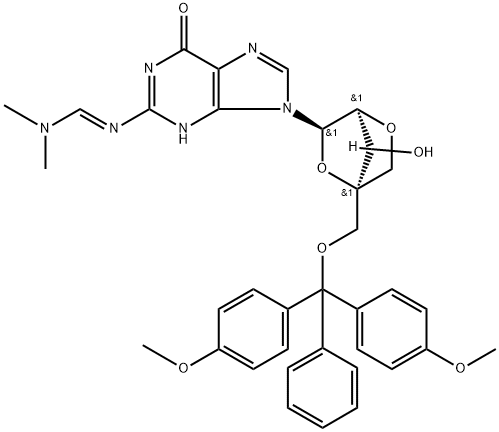 Methanimidamide, N'-[9-[2,5-anhydro-4-C-[[bis(4-methoxyphenyl)phenylmethoxy]methyl]-β-D-lyxofuranosyl]-6,9-dihydro-6-oxo-1H-purin-2-yl]-N,N-dimethyl- (9CI) Structure
