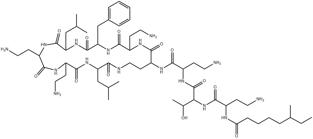 (-)-N2-(6-メチルオクタノイル-L-A2bu-L-Thr-L-A2bu-)シクロ(L-A2bu*-L-A2bu-D-Phe-L-Leu-L-A2bu-L-A2bu-L-Leu-) 化学構造式