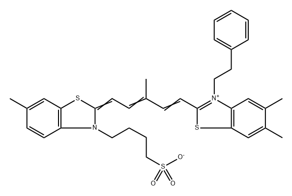 4-[2-[5-(5,6-Dimethyl-3-phenlethylbenzothiazol-2-ylidene)-3-methyl-1,3-pentadienyl]-6-methyl-3-benzothiazolio] butanesulfonate Struktur