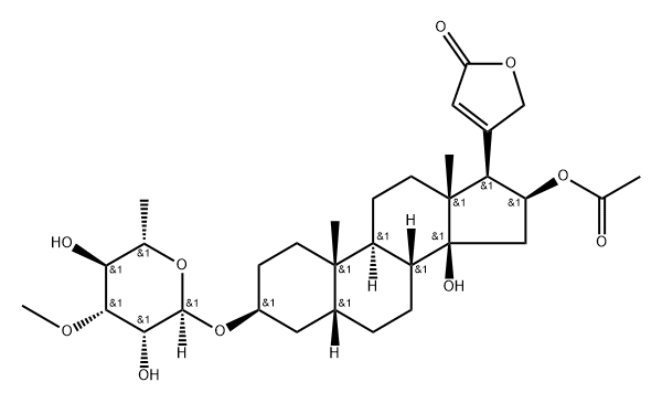 16β-Acetoxy-3β-[(6-deoxy-3-O-methyl-α-L-mannopyranosyl)oxy]-14-hydroxy-5β-card-20(22)-enolide Struktur