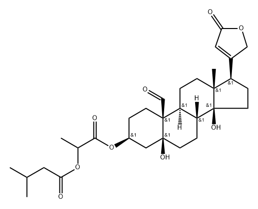 5,14-Dihydroxy-3β-[2-(3-methyl-1-oxobutoxy)-1-oxopropoxy]-19-oxo-5β-card-20(22)-enolide Struktur