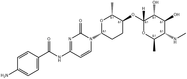 4-Amino-N-[1-[(2R)-5α-[[4,6-dideoxy-4-(methylamino)-α-D-glucopyranosyl]oxy]tetrahydro-6β-methyl-2H-pyran-2β-yl]-1,2-dihydro-2-oxopyrimidin-4-yl]benzamide Struktur