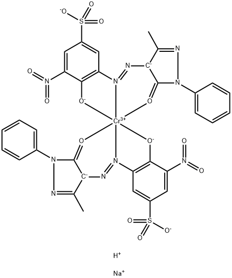 Chromate(3-), bis[3-[[4,5-dihydro-3-methyl-5-(oxo-κO)-1-phenyl-1H-pyrazol-4-yl]azo-κN1]-4-(hydroxy-κO)-5-nitrobenzenesulfonato(3-)]-, disodium hydrogen Struktur