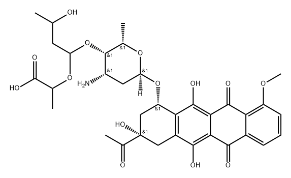 (8S)-8-Acetyl-10α-[[3-amino-4-O-[1-(1-carboxyethoxy)-3-hydroxybutyl]-2,3,6-trideoxy-α-L-lyxo-hexopyranosyl]oxy]-7,8,9,10-tetrahydro-6,8,11-trihydroxy-1-methoxy-5,12-naphthacenedione Struktur