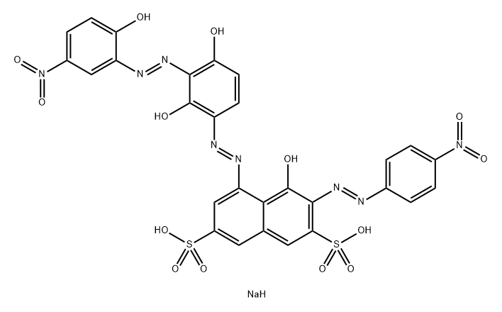 4-ヒドロキシ-5-[[3-[(2-ヒドロキシ-5-ニトロフェニル)アゾ]-2,4-ジヒドロキシフェニル]アゾ]-3-[(4-ニトロフェニル)アゾ]ナフタレン-2,7-ジスルホン酸二ナトリウム 化学構造式