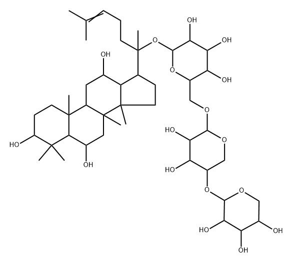 3β,6β,12β-トリヒドロキシ-5α-ダンマラ-24-エン-20-イル6-O-(4-O-β-D-キシロピラノシル-α-D-アラビノピラノシル)-β-D-グルコピラノシド 化学構造式