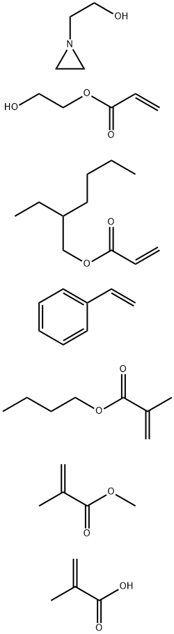 2-Propenoic acid, 2-methyl-, polymer with butyl 2-methyl-2-propenoate, ethenylbenzene, 2-ethylhexyl 2-propenoate, 2-hydroxyethyl 2-propenoate and methyl 2-methyl-2-propenoate, 1-aziridineethanol-terminated Structure