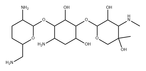 (+)-6-O-(4-C-メチル-3-メチルアミノ-3-デオキシ-β-L-アラビノピラノシル)-4-O-(2,6-ジアミノ-2,3,4,6-テトラデオキシ-α-D-erythro-ヘキソピラノシル)-3-アミノ-2,3-ジデオキシ-D-myo-イノシトール 化学構造式