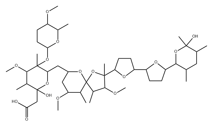2H-Pyran-2-acetic acid, 6-[[3,9-dimethoxy-2,4,10-trimethyl-2-[octahydro-5′-(tetrahydro-6-hydroxy-3,5,6-trimethyl-2H-pyran-2-yl)[2,2′-bifuran]-5-yl]-1,6-dioxaspiro[4.5]dec-7-yl]methyl]tetrahydro-2-hydroxy-4-methoxy-3,5-dimethyl-5-[(tetrahydro-5-methoxy-6-methyl-2H-pyran-2-yl)oxy]-, [2R-[2α,3α,4β,5α(2S*,5S*,6R*),6β[2R*[2S*,2′R*,5R*,5′R*(2S*,3S*,5R*,6S*)],3R*,4R*,5S*,7S*,9R*,10R*]]]- Structure