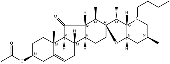 (13R)-3β-(アセチルオキシ)-28-ブチル-17,23β-エポキシ-12β,13α-ジヒドロベラトラマン-11-オン 化学構造式