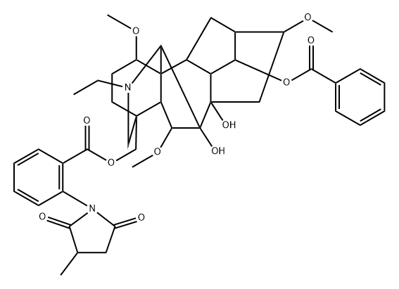 20-エチル-1α,6β,16β-トリメトキシ-4-[[[2-(3-メチル-2,5-ジオキソ-1-ピロリジニル)ベンゾイル]オキシ]メチル]アコニタン-7,8,14α-トリオール14-ベンゾアート 化学構造式