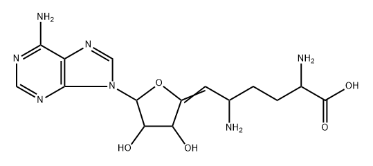 6,9-Diamino-1-(6-amino-9H-purin-9-yl)-1,5,6,7,8,9-hexadeoxy-Dec-4-enofuranuronic acid Struktur