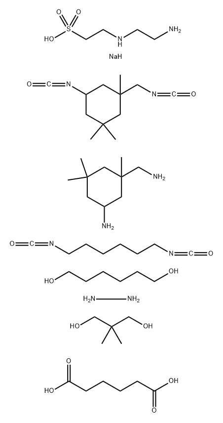 Hexanedioic acid, polymer with 2-[(2-aminoethyl)amino]ethanesulfonic acid monosodium salt, 5-amino-1,3,3-trimethylcyclohexanemethanamine, 1,6-diisocyanatohexane, 2,2-dimethyl-1,3-propanediol, 1,6-hexanediol, hydrazine and 5-isocyanato-1-(isocyanatomethyl) Struktur