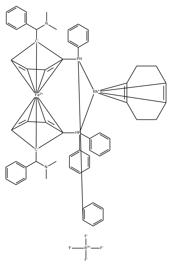 テトラフルオロほう酸(1,5‐シクロオクタジエン)[(ΑR,ΑR)‐2,2′‐ビス(Α‐N,N‐ジメチルアミノフェニルメチル)‐(S,S)‐1,1′‐ビス(ジフェニルホスフィノ)フェロセニル]ロジウム(I) 化学構造式