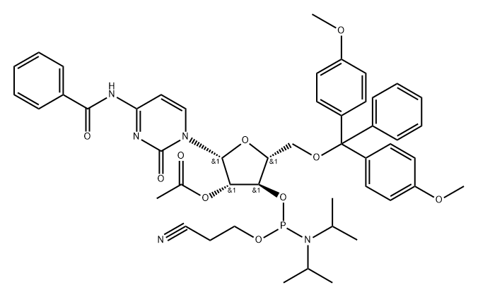2’-O-Acetyl-N4-benzoyl-5’-O-(4,4’-dimethoxytrityl) arabinocytidine 3’-O-phosphoramidite Structure