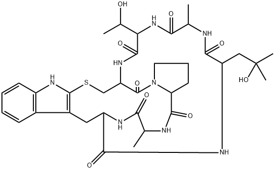 Cyclo(L-Ala-D-Thr-L-Cys(1)-L-Pro-L-Ala-L-Trp2(1)-4-hydroxy-L-Leu-) Structure