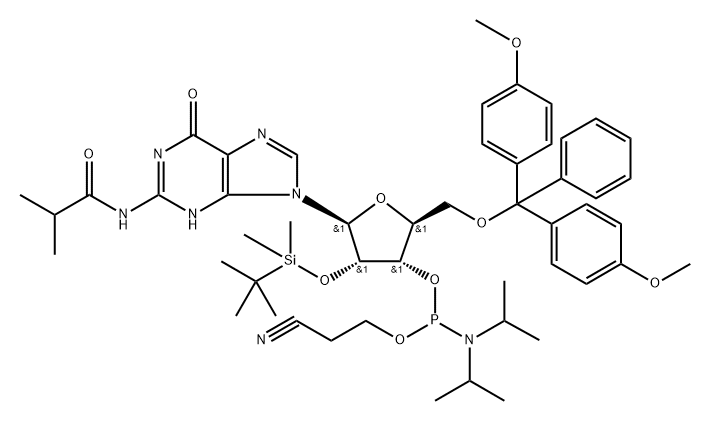 Propanamide, N-[9-[5-O-[bis(4-methoxyphenyl)phenylmethyl]-3-O-[[bis(1-methylethyl)amino](2-cyanoethoxy)phosphino]-2-O-[(1,1-dimethylethyl)dimethylsilyl]-β-L-ribofuranosyl]-6,9-dihydro-6-oxo-1H-purin-2-yl]-2-methyl- Structure