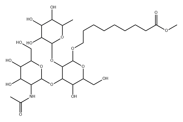 9-[[O-2-(乙酰氨基)-2-脱氧-ALPHA-D-吡喃半乳糖基-(1-3)-O-[6-脱氧-ALPHA-L-吡喃半乳糖基-(1-2)]-BETA-D-吡喃半乳糖基]氧基]壬酸甲酯, 68733-37-9, 结构式
