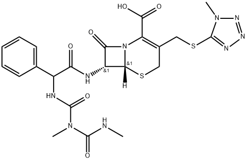 (6R)-7α-[[[[(1,3-ジメチルウレイド)カルボニル]アミノ]フェニルアセチル]アミノ]-3-[[(1-メチル-1H-テトラゾール-5-イル)チオ]メチル]-8-オキソ-5-チア-1-アザビシクロ[4.2.0]オクタ-2-エン-2-カルボン酸 化学構造式