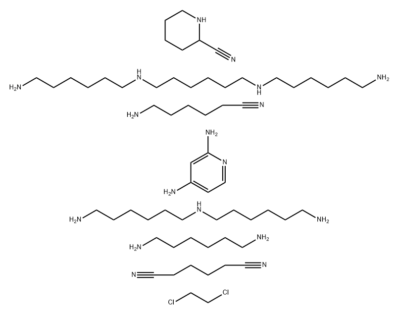 Hexanedinitrile, polymer with 6-aminohexanenitrile, N-(6-aminohexyl)-1,6-hexanediamine, N,N-bis(6-aminohexyl)-1,6-hexanediamine, 1,2-dichloroethane, 1,6-hexanediamine, 2-piperidinecarbonitrile and 2,4-pyridinediamine Struktur