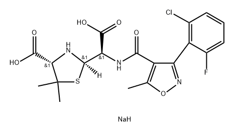 2-Thiazolidineacetic acid, 4-carboxy-α-[[[3-(2-chloro-6-fluorophenyl)-5-methyl-4-isoxazolyl]carbonyl]amino]-5,5-dimethyl-, disodium salt, [2R-[2α(R*),4β]]- (9CI) Struktur