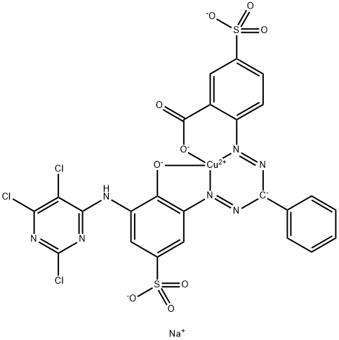 trisodium [2-[[alpha-[[2-hydroxy-5-sulpho-3-[(2,5,6-trichloro-4-pyrimidinyl)amino]phenyl]azo]benzyl]azo]-5-sulphobenzoato(5-)]cuprate(3-) Structure