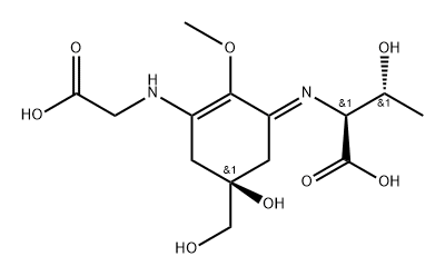 L-Threonine, N-[(5S)-3-[(carboxymethyl)amino]-5-hydroxy-5-(hydroxymethyl)-2-methoxy-2-cyclohexen-1-ylidene]-, [N(E)]- Struktur