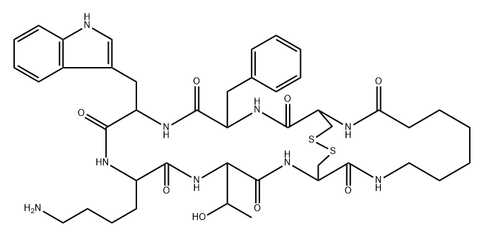 cyclo(aminoheptanoic acid-cyclo(cysteinyl-phenylalanyl-D-tryptophyl-lysyl-threonyl-cysteinyl)) Struktur