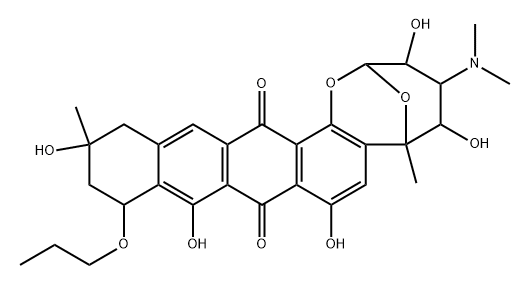 [2R,(+)]-4α-(Dimethylamino)-3,4,5,6,11,12,13,14-octahydro-3β,5β,8,10,13α-pentahydroxy-6,13-dimethyl-11α-propoxy-2α,6α-epoxy-2H-naphthaceno[1,2-b]oxocin-9,16-dione Struktur