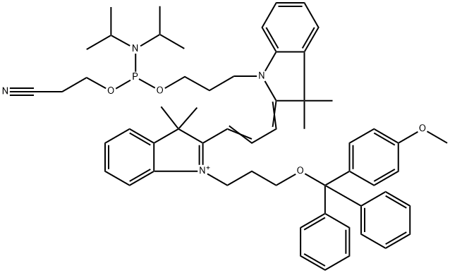 3H-Indolium, 2-[3-[1-[3-[[[bis(1-methylethyl)amino](2-cyanoethoxy)phosphino]oxy]propyl]-1,3-dihydro-3,3-dimethyl-2H-indol-2-ylidene]-1-propen-1-yl]-1-[3-[(4-methoxyphenyl)diphenylmethoxy]propyl]-3,3-dimethyl-,718594-66-2,结构式