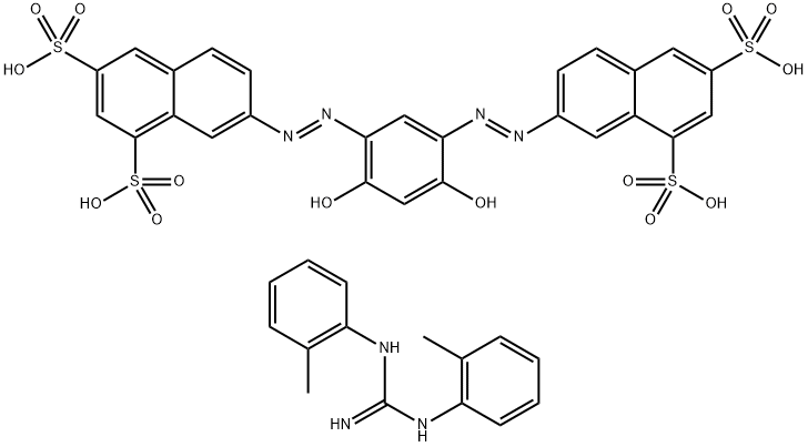 7,7'-[(4,6-dihydroxy-m-phenylene)diazo]bis(naphthalene-1,3-disulphonic) acid, compound with N,N'-di(o-tolyl)guanidine (1:4) Struktur