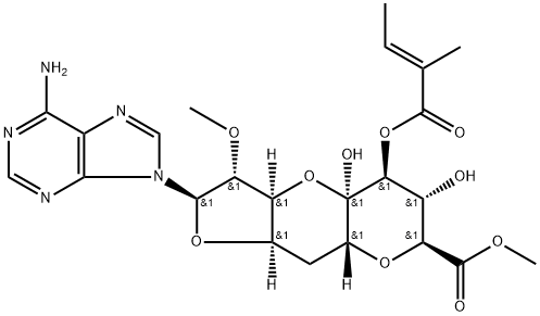 (11R)-11-C-(6-Amino-9H-purin-9-yl)-2,6:8,11-dianhydro-10-O-methyl-4-O-[(E)-1-oxo-2-methyl-2-butenyl]-7-deoxy-α-L-ido-D-lyxo-5-undecoulo-5,9-pyranosonic acid methyl ester Structure