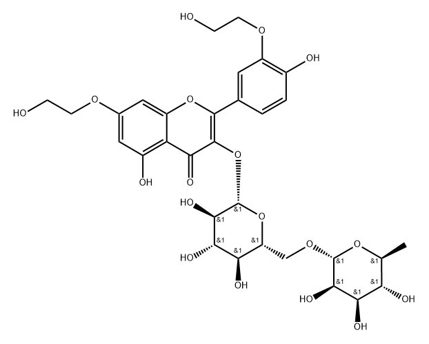 4H-1-Benzopyran-4-one, 3-[[6-O-(6-deoxy-α-L-mannopyranosyl)-β-D-glucopyranosyl]oxy]-5-hydroxy-7-(2-hydroxyethoxy)-2-[4-hydroxy-3-(2-hydroxyethoxy)phenyl]- Struktur
