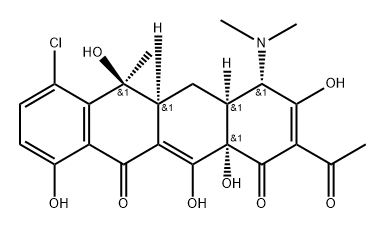 1,11(4H,5H)-Naphthacenedione, 2-acetyl-7-chloro-4-(dimethylamino)-4a,5a,6,12a-tetrahydro-3,6,10,12,12a-pentahydroxy-6-methyl-, [4S-(4α,4aα,5aα,6β,12aα)]- (9CI) Struktur