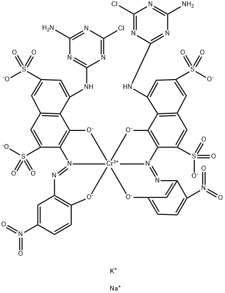 二[5-[(4-氨基-6-氯-1,3,5-三嗪-2-基)氨基]-4-羟基-3-[(2-羟基-5-硝基苯基)偶氮]-2,7-萘二磺酸根合(4-)]铬酸(5-)四钾钠, 73038-31-0, 结构式