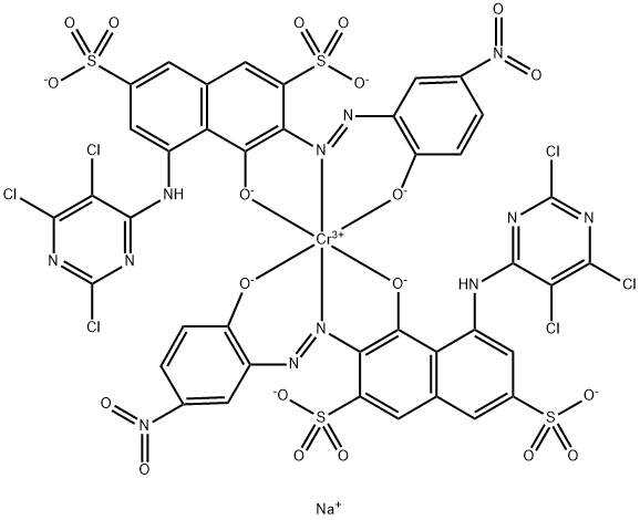 Chromate(5-), bis[4-hydroxy-3-[(2-hydroxy-5-nitrophenyl)azo]-5-[(2,5,6-trichloro-4-pyrimidinyl)amino]-2,7-naphthalenedisulfonato(4-)]-, pentasodium Structure