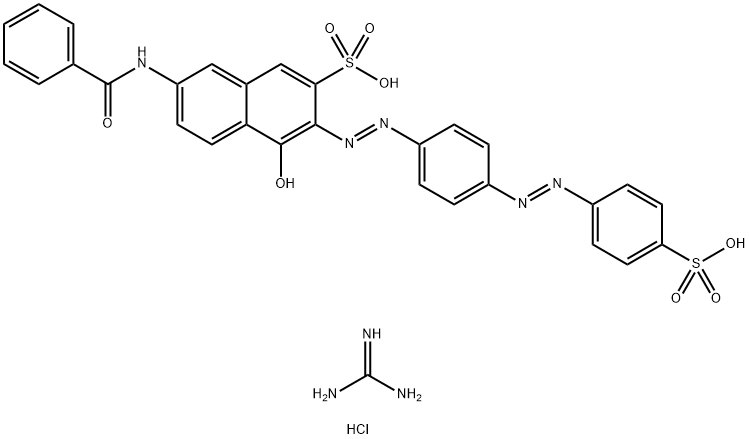 7-(苯甲酰氨基)-4-羟基-3-[2-[4-[2-(4-磺酸基苯基)偶氮]苯基]偶氮]-2-萘磺酸与 N,N'-双(混合苯基,甲苯基和二甲苯基)胍反应产物的盐酸盐 结构式