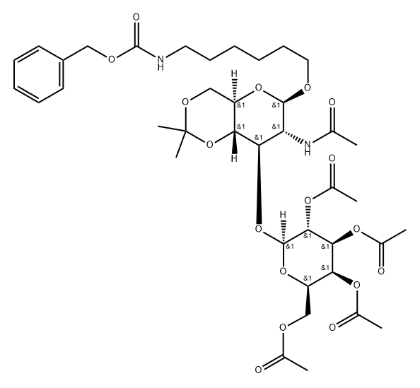 Carbamic acid, 6-2-(acetylamino)-2-deoxy-4,6-O-(1-methylethylidene)-3-O-(2,3,4,6-tetra-O-acetyl-.beta.-D-galactopyranosyl)-.beta.-D-glucopyranosyloxyhexyl-, phenylmethyl ester Struktur