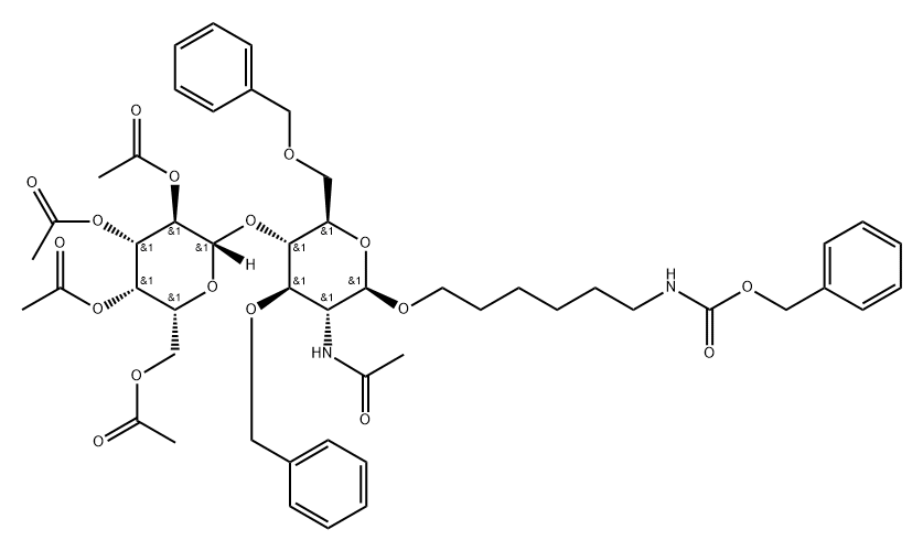 Carbamic acid, 6-2-(acetylamino)-2-deoxy-3,6-bis-O-(phenylmethyl)-4-O-(2,3,4,6-tetra-O-acetyl-.beta.-D-galactopyranosyl)-.beta.-D-glucopyranosyloxyhexyl-, phenylmethyl ester Struktur