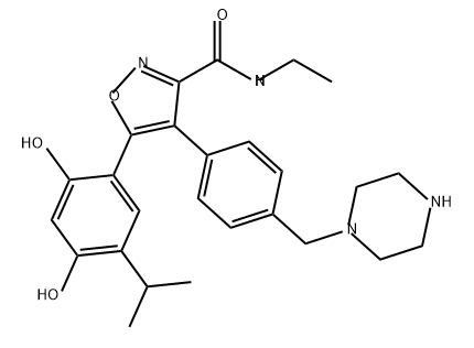 5-(2,4-DIHYDROXY-5-ISOPROPYLPHENYL)-N-ETHYL-4-(4-(PIPERAZIN-1-YLMETHYL)PHENYL)ISOXAZOLE-3-CARBOXAMID 结构式