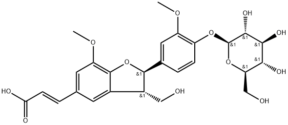 2-Propenoic acid, 3-[(2R,3S)-2-[4-(β-D-glucopyranosyloxy)-3-methoxyphenyl]-2,3-dihydro-3-(hydroxymethyl)-7-methoxy-5-benzofuranyl]-, (2E)- Struktur