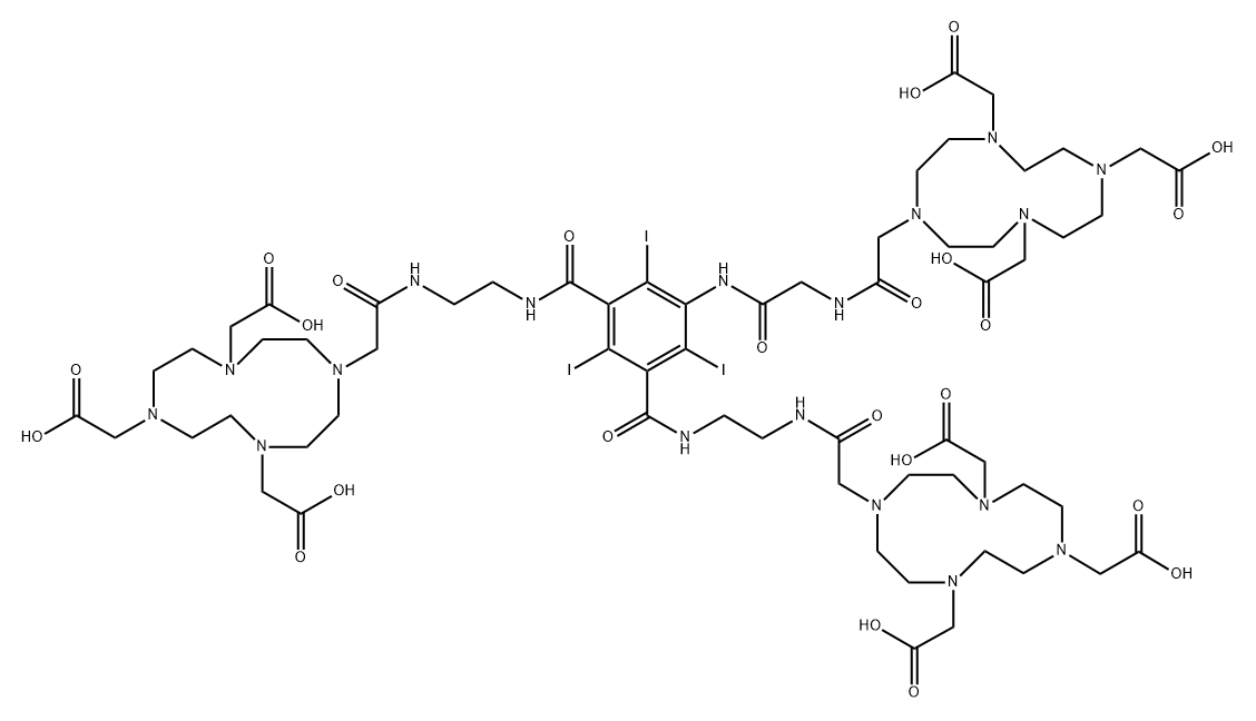1,4,7,10-Tetraazacyclododecane-1,4,7-triaceticacid, 10,10'-[(2,4,6-triiodo-5-[[[[[4,7,10-tris(carboxymethyl)-1,4,7,10-tetraazacyclododec-1-yl]acetyl]amino]acetyl]amino]-1,3-phenylene)bis[carbonylimino-2,1-ethanediylimino(2-oxo-2,1-ethanediyl)]]bis- (9CI),752253-24-0,结构式