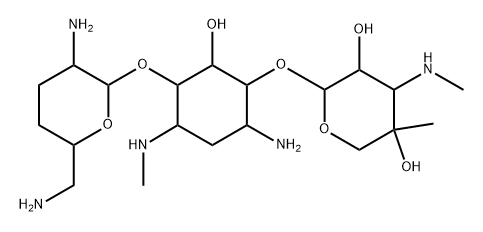 6-O-(3-デオキシ-4-C-メチル-3-(メチルアミノ)-β-L-アラビノピラノシル)-4-O-(2,6-ジアミノ-2,3,4,6-テトラデオキシ-α-D-erythro-ヘキソピラノシル)-2-デオキシ-N-メチル-D-ストレプタミン 化学構造式